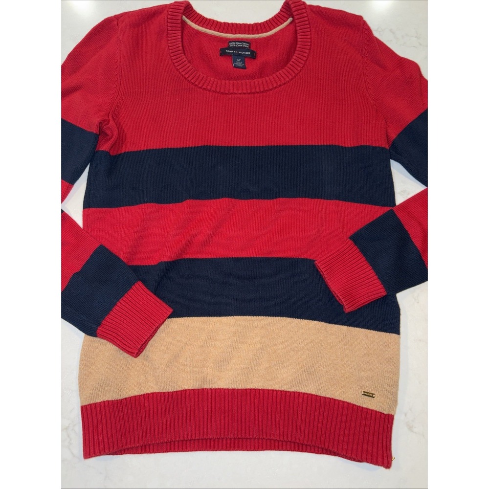 Tommy Hilfiger Striped Sweater Red Pima Cotton Womens Small‎ Crewneck Preppy
